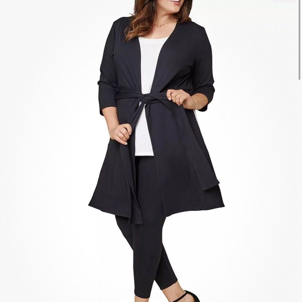 Seek No Further Womens 2X  Gray Tie Front Long Line Open Front Cardigan